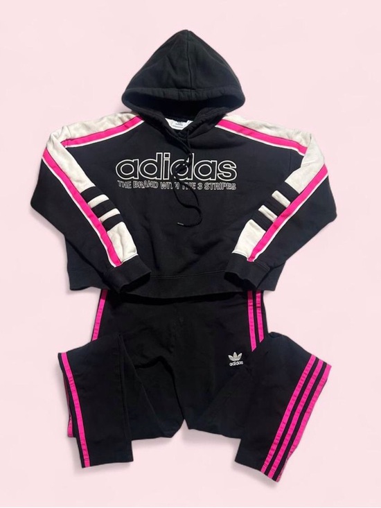 adidas Pants - Vintage adidas Black Sweatsuit with Pink Stripes